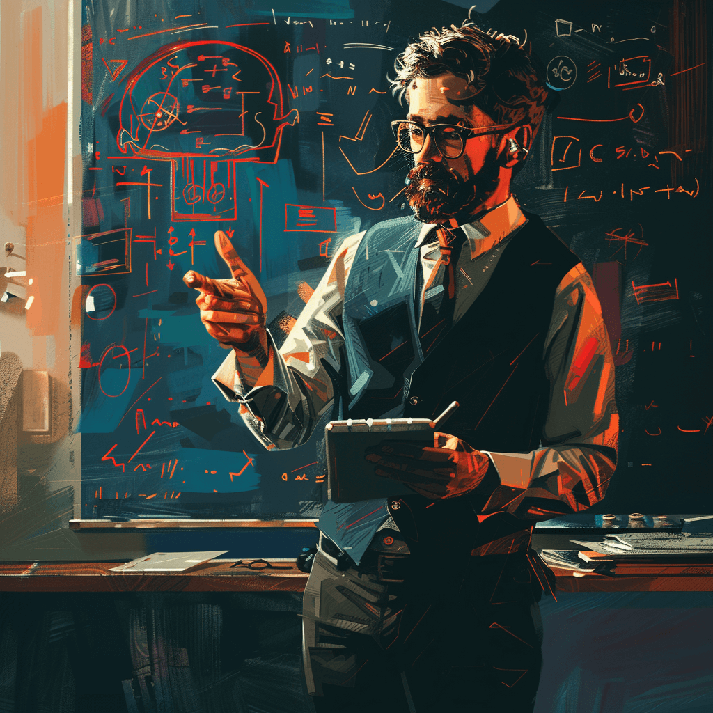 Digital art of a man teaching a class