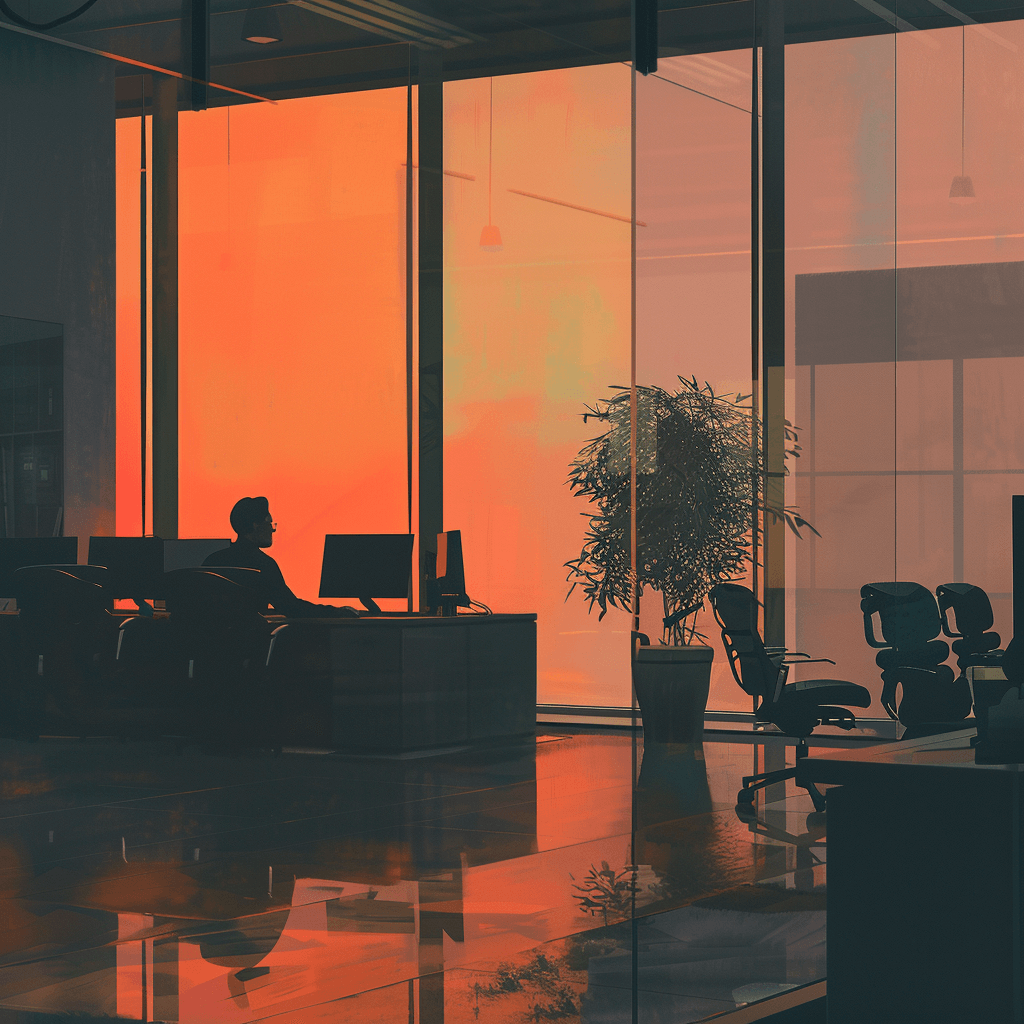 Digital art of an office space.