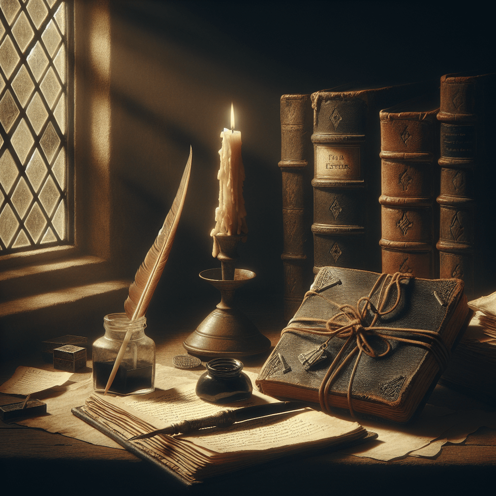 An old desk with a pen and quill.