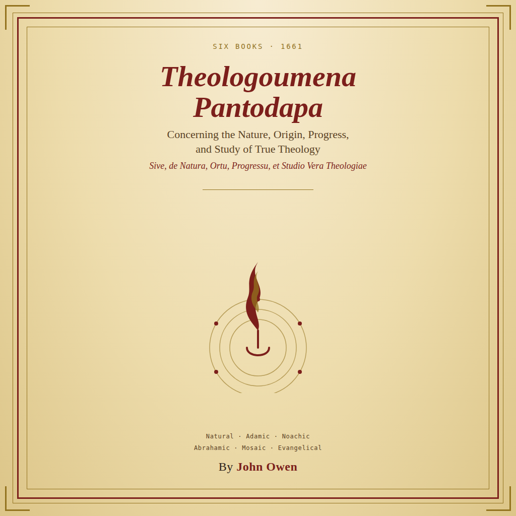 A gold and parchment book cover with a small flame within concentric rings, titled Theologoumena Pantodapa.